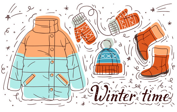 Color vector hand drawn illustration of winter clothes for girls. Set of doodle style elements. Women's casual warm clothes. Poster with the inscription winer time and elements winter female wardrobe