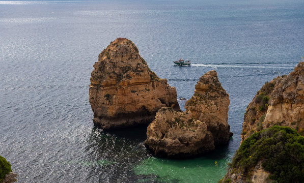Algarve beach coast and rocks on the ocean in Portugal