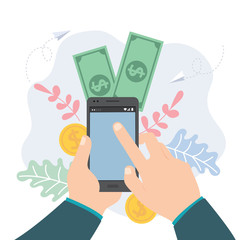 Hand of businessman using smartphone with money, coin money and ecommerce icons.
