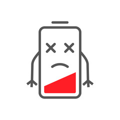 Low level energy of battery in flat cartoon style. Battery low charge symbol concept image. EPS 10.