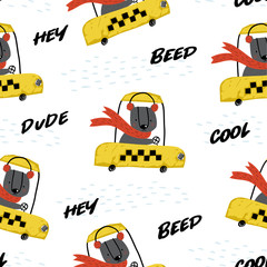 Cute seamless pattern with funny bear taxi driver. Perfect for kids apparel, fabric, textile, nursery decoration, wrapping paper. Childish vector background. Winter background.