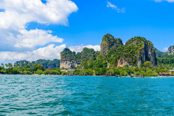 Railay East beach in beautiful bay in Krabi province, tropical coast with paradise beaches, Thailand