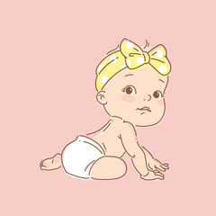 Cute little baby girl in diaper, siting.