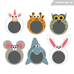 Funy cartoon happy animal face masks for mobile app.