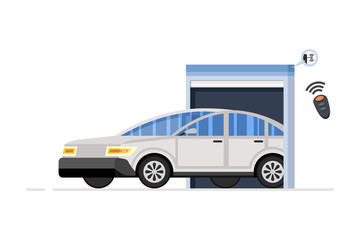 Garage doors, sedan exit from the garage. Garage door system concept with icons. Vector illustration.