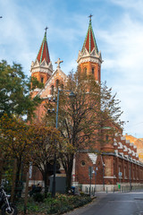 Fototapeta na wymiar Beautiful brick church in Budapest, Hungary. Religion.