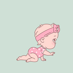 Cute little baby girl in diaper, pink bodysuit, crawling. 