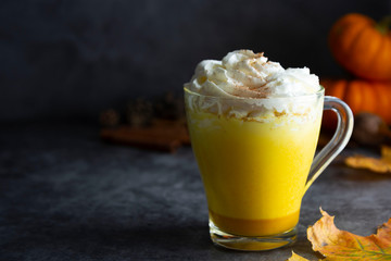 Spiced golden milk pumpkin autumn latte drink milkshake with cream foam dark black background