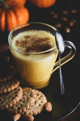 Spiced golden milk pumpkin autumn latte drink milkshake with cream foam dark black background