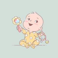 Little baby boy or girl in diaper play sitting on floor.