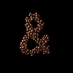 Abstract bronze symbol ampersand made of tiny spheres on black background.3D rendering. Fancy alphabet