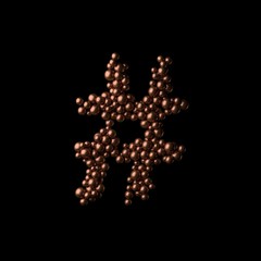 Abstract bronze symbol hashtag made of tiny spheres on black background.3D rendering. Fancy alphabet