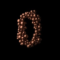 Abstract bronze numeric 0 made of tiny spheres on black background.3D rendering. Fancy alphabet