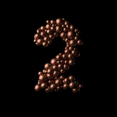 Abstract bronze numeric 2 made of tiny spheres on black background.3D rendering. Fancy alphabet