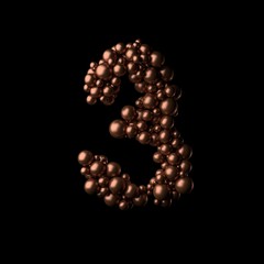 Abstract bronze numeric 3 made of tiny spheres on black background.3D rendering. Fancy alphabet