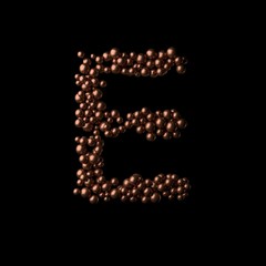 Abstract bronze letter E made of tiny spheres on black background.3D rendering. Fancy alphabet