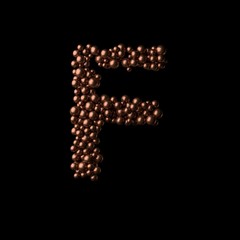 Abstract bronze letter F made of tiny spheres on black background.3D rendering. Fancy alphabet