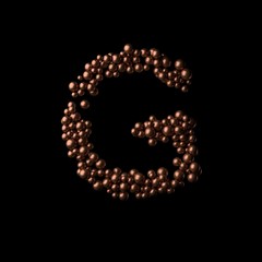 Abstract bronze letter G made of tiny spheres on black background.3D rendering. Fancy alphabet