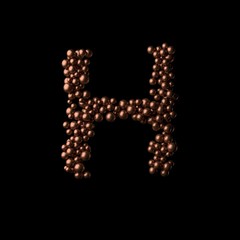 Abstract bronze letter H made of tiny spheres on black background.3D rendering. Fancy alphabet