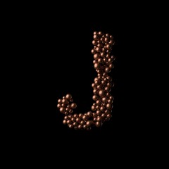 Abstract bronze letter J made of tiny spheres on black background.3D rendering. Fancy alphabet