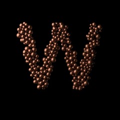 Abstract bronze letter W made of tiny spheres on black background.3D rendering. Fancy alphabet