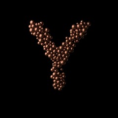 Abstract bronze letter Y made of tiny spheres on black background.3D rendering. Fancy alphabet