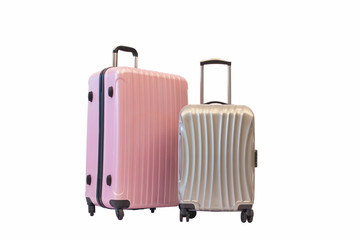 Pink and gray luggage trolley bag side isolated on white background, Compact plastic travel bag.