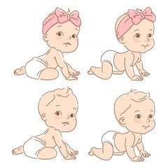 Set with little baby boy and girl in diaper, sit, crawl.