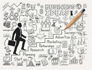 Business Idea doodles icons set. Drawing Businessman climbing up stairs to the top. Vector illustration style. © graphixmania
