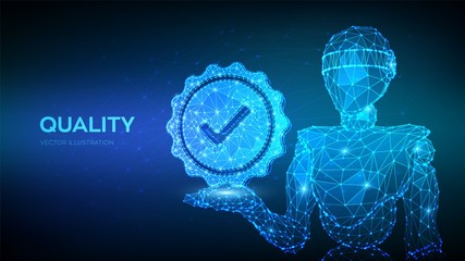 Quality. Standard Quality Control Certification Assurance. Guarantee, premium choice, good product. Abstract robot holding Quality icon check. Vector illustration.