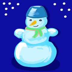 Obraz premium Snowman in a hat and scarf on a blue background.