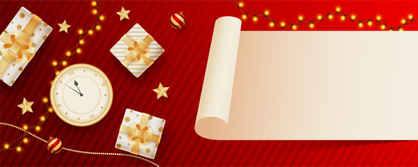 Blank scroll paper given for your message with top view of clock, gift boxes and lighting garland decorated on red striped background. Header or banner design.