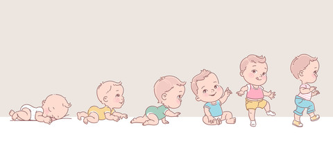 Baby boy in clothes. Set of child health and development icons in line. 