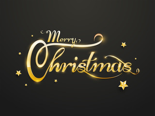 Fototapeta na wymiar Golden calligraphy of Merry Christmas with stars on black background. Can be used as banner or poster design.