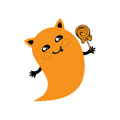 Cute cartoon cat Ghost with a round sweet Lollipop. Kawaii character for a fun Halloween in vector. Vector graphics. Adorable, cute illustration for greeting card. Halloween icon