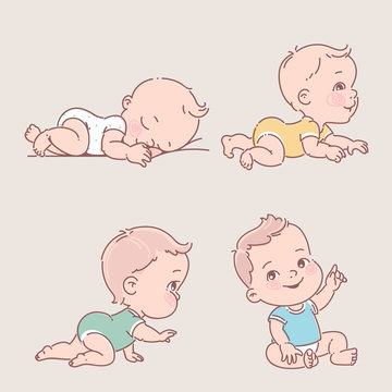 Baby boy in clothes. Cute active little boy sleep, sit, learn to crawl.