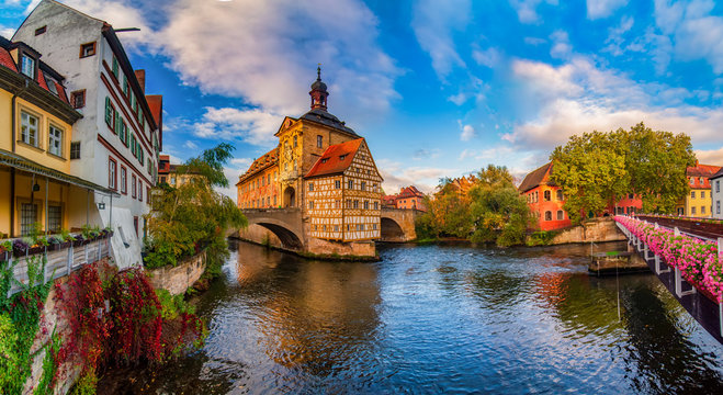 Amazing panoramic view of historic city center of Bamberg, Germany. UNESCO World Heritage Site