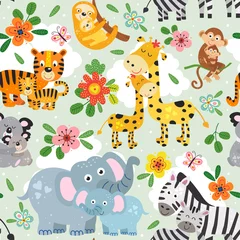 Tapeten nahtloses Muster mit niedlichen Tieren Mutter und Baby auf grünem Hintergrund - Vektor-Illustration, eps © nataka