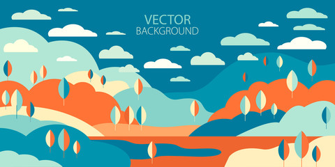 Landscape in geometric minimalist flat style. Autumn background with trees, hills, clouds, lake in vector. Abstract horizontal banner with empty space for text. Panorama