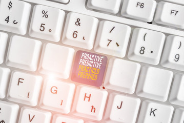Text sign showing Proactive Predictive Practiced Prepared. Business photo showcasing Preparation Strategies Management White pc keyboard with empty note paper above white background key copy space
