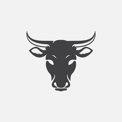 cow head logo design vector, cow emblem, long horned head illustration, farming logo