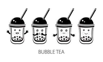 Cute kawaii character black Tapioca pearls. Bubble tea. Cartoon vector illustration of ball tapioca or boba. Boba tea, milk tea, Taiwanese drink. Hand drawn Doodle. Black and white.