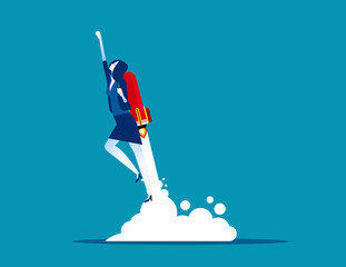 Businesswoman flying up by rocket. Concept business growth vector illustration, Rocket and take off