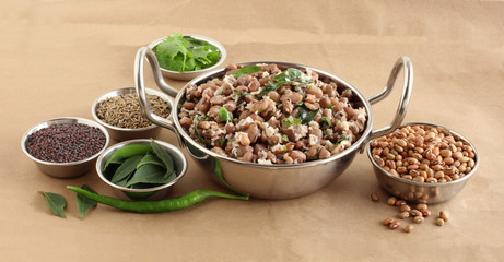 Black eyed peas curry, an Indian vegetarian, delicious, and nutritious home cooked side dish for food like chapati and roti, in a steel wok.