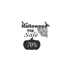 Halloween big sale. Stylish vector loco - pumpkin jack and bats with spider web. Sale discounts up to 70%