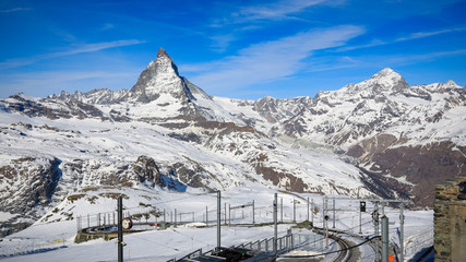 Panoramic view of Zermatt & Matterhorn Mountain  and Gornergrat tourist train in a winter season