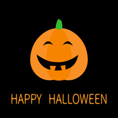 Happy Halloween. Cute pumpkin. Funny creepy smiling face. Cartoon kawaii baby character. Eyes, white teeth. Kids greeting card. Flat design. Black background. Isolated.