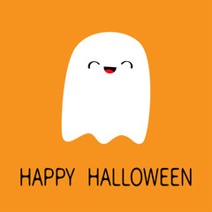 Flying baby ghost spirit. Boo. Happy Halloween. Cute cartoon white scary spooky character. Smiling face, hands. Orange background Greeting card. Flat design.