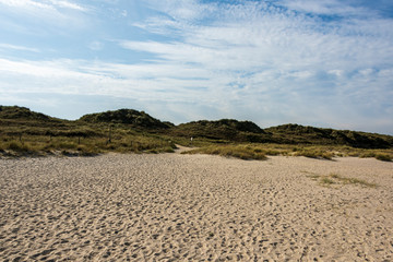 Beautiful tranquil dune landscape and long beach at North Sea