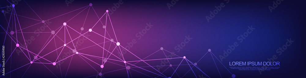 Wall mural Website header or banner design with abstract geometric background and connecting dots and lines. Global network connection. Digital technology with plexus background and space for your text.